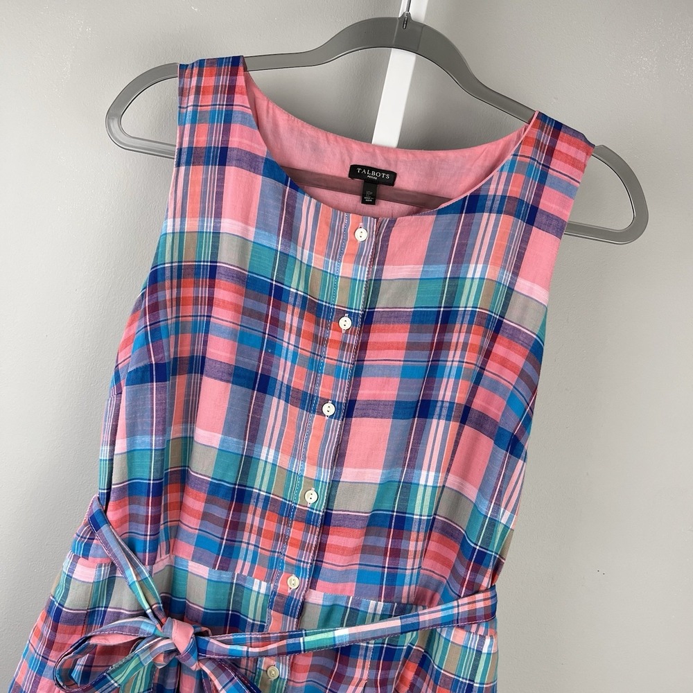Talbots Petites Madras Plaid Dress Womens 10P Button Front 100% Cotton Preppy